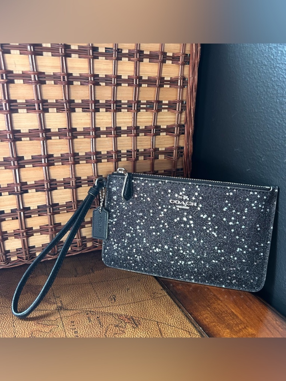 Coach Black Wristlet With Silver Star Glitter - NWOT -